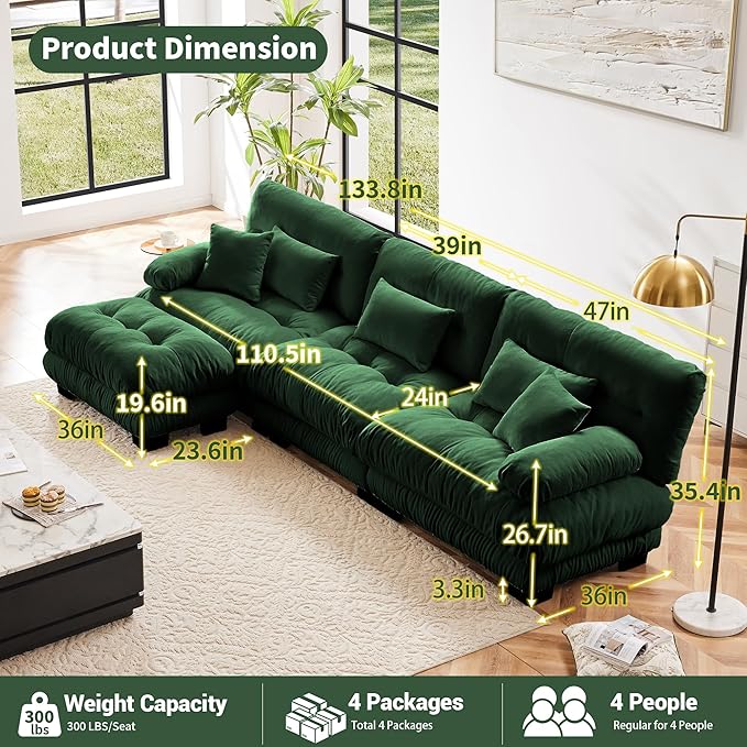 Modular Sectional Sofa, Comfy Cloud Couch 3 Seater Couch with Ottoman, Sectional Couches for Living Room, Modern Chenille L Shaped Couches, Sleeper Deep Seat Sofa with Throw Pillows, Green-Ruum Studio Home