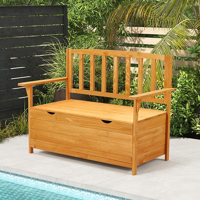 AVAWING Outdoor Storage Bench, Wooden Garden Bench Weatherproof, Patio Benches for Outside, 2-Seat Front Porch Bench, Park Bench for Deck, Lawn, Backyard (Yellow)-Ruum Studio Home