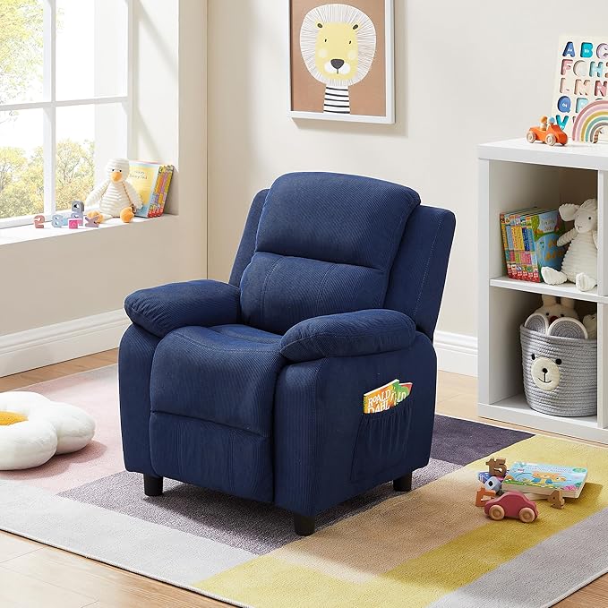 Ulax furniture Corduroy Kids Recliner Chair, Toddler Armrest Sofa Couch, Ergonomic Adjustable Lounge Sofa with Footrest, Padded Backrest, Storage Arms, Navy Recliner for Girls and Boys-Ruum Studio Home