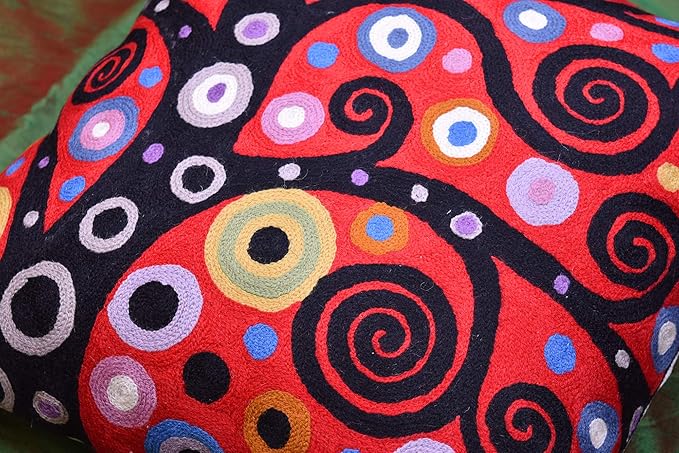 Klimt Tree of Life Pillow Cover | Red Floral Pillowcase | Flower Accent Pillows |Suzani Cushions | Flower Pillows | Modern Floral Cushion Cover | Hand Embroidered Wool Size - 18x18-Ruum Studio Home
