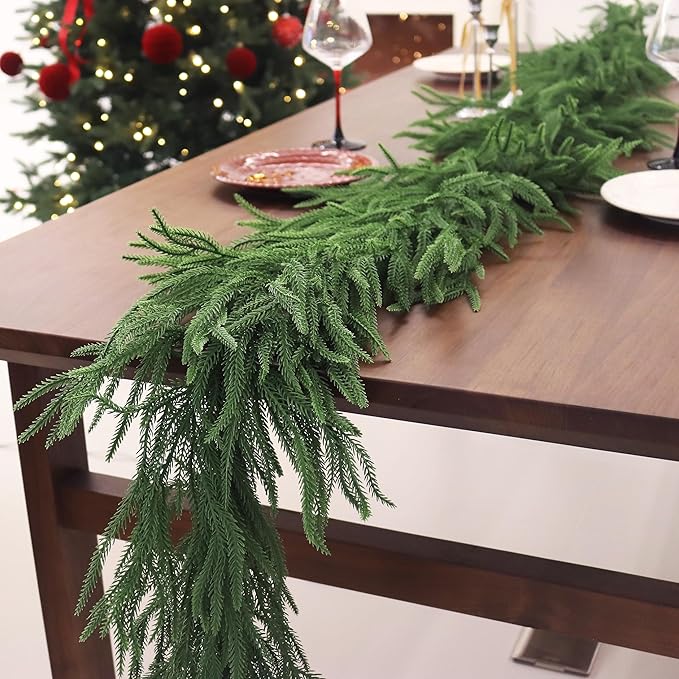 2PCS 9FT Christmas Garland Norfolk Pine Garland Real Touch Artificial Greenery Garland for Mantle Fireplace Table Indoor Outdoor Decor (Normal)-Ruum Studio Home