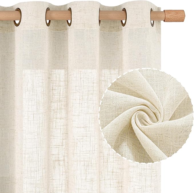 LAMIT Natural Linen 54 Inch Length Curtains for Windows, Semi Sheer Short Linen Neutral Decorative Light Filtering Drapes with Bronze Grommet for Bedroom/Nursery, 2 Panels Set, 52 X 54 Inch-Ruum Studio Home