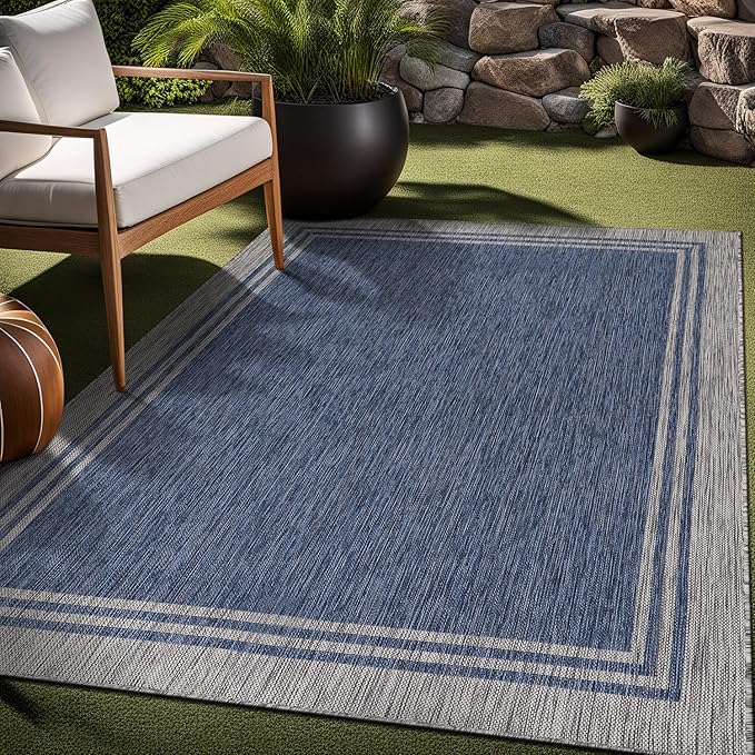 Bordered Outdoor Rug 10x14 Washable Outside Carpet for Indoor Patio Porch Waterproof Easy Cleaning Non Shedding Area Rugs Navy 10 x 14-Ruum Studio Home