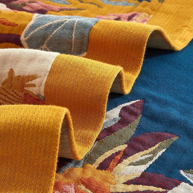 Boho Throw Blanket for Couch Sofa Bed, 100% Cotton Woven Quilt with Tassel 80”x90”, Super Soft Muslin Blanket with Floral Printed, Decorative Reversible Bed Blanket/Cover for All Seasons-Ruum Studio Home
