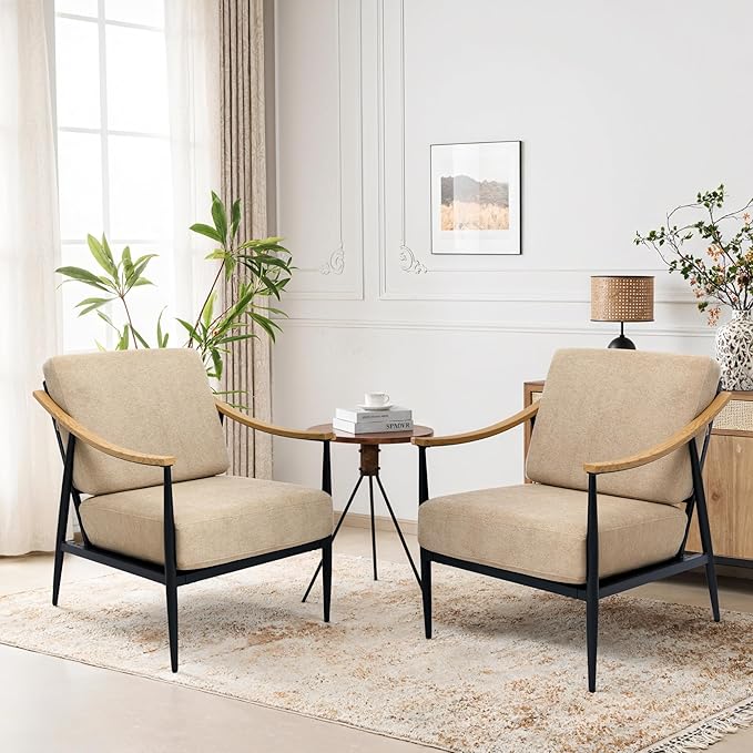 Modern Accent Chairs Set of 2 for Living Room Bedroom Mid Century Arm Chairs Upholstered Office Accent Chairs Comfy Waiting Room Chairs with Metal Frame, Khaki-Ruum Studio Home