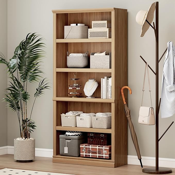 70 in Tall Bookcase, White Bookshelf Open Storage 5-Tier Shelves, 33 inch Wide Floor Standing Indoor Furniture, Book Cases for Home School Library Office Bedroom Kids, Oak 5 Tiers-Ruum Studio Home