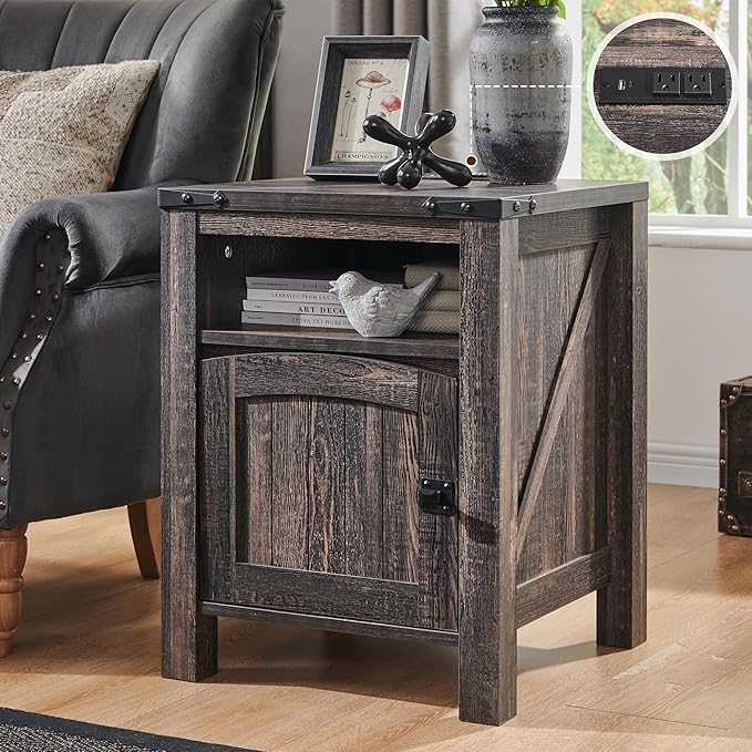 OKD Farmhouse Nightstand with Charging Station, 18" Rustic End Table with Adjustable Storage Shelf, Wood Rustic Wood Sofa Side Table for Bedroom-Ruum Studio Home