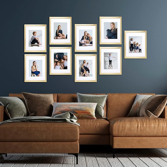 Sheffield Home 9 Piece Gallery Wall Frame Set, 11x14 Inch, Gold-Ruum Studio Home