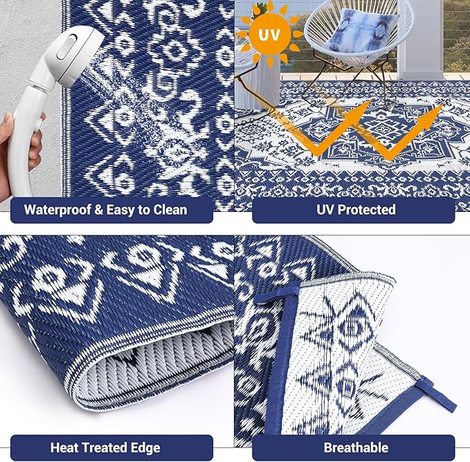 GAOMON Large Outdoor Plastic Straw Rug 10x14 Waterproof Patio Rug Reversible Foldable Portale Camping Mat with Stakes & Bag, Vintage Boho Outside Carpet for RV Garden Deck Porch, Navy-Ruum Studio Home