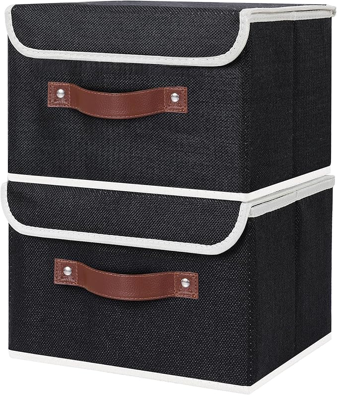 ANMINY 4PCS Storage Bins with Lid PU Leather Handles Storage Boxes PP Plastic Board Decorative Foldable Lidded Cotton Linen Fabric Home Cubes Baskets Closet Organizer Containers - Black, Small Size-Ruum Studio Home