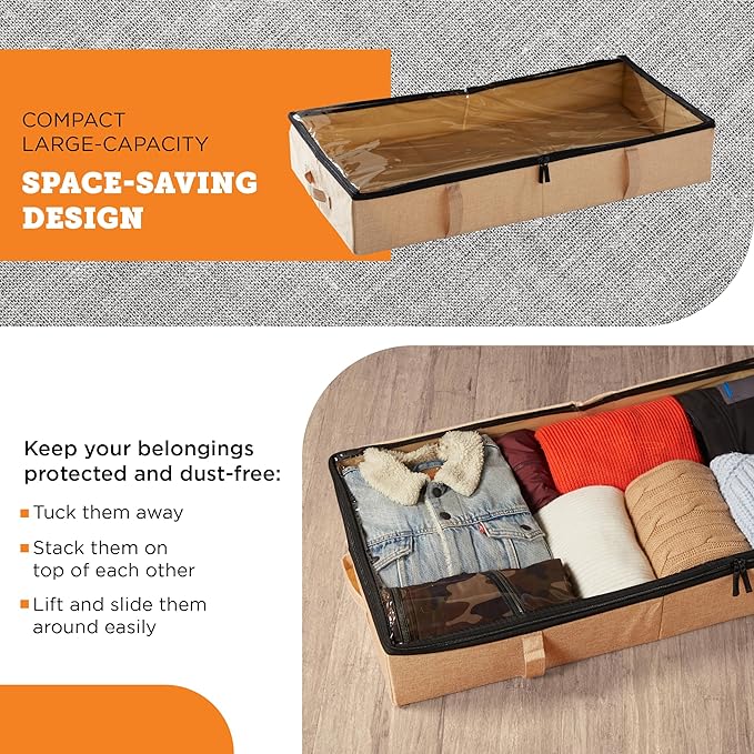 storageLAB Under Bed Storage Containers, Closet Organizers with Sturdy Handles for Clothes, Comforters, and Accessories, Use Under or at the End of the Bed - 2 Pack, Reinforced, Beige-Ruum Studio Home