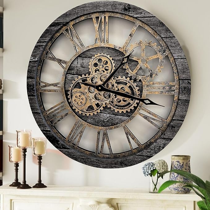 The Gears Clock The Original Real Moving Gear Wall Clock Vintage Industrial Oversized Rustic Farmhouse (24 inch (60cm), Vintage Carbon Grey and Bronze)-Ruum Studio Home