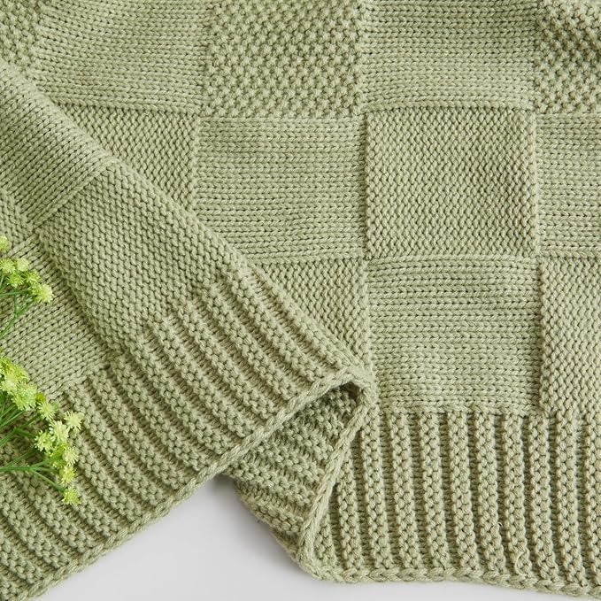 CozeCube Check Knit Throw Blanket, Sage Green Checkered Throw for Couch, Decorative Christmas Soft Cozy Warm Knitted Blanket for Bed Sofa Living Room, 50"X60"-Ruum Studio Home