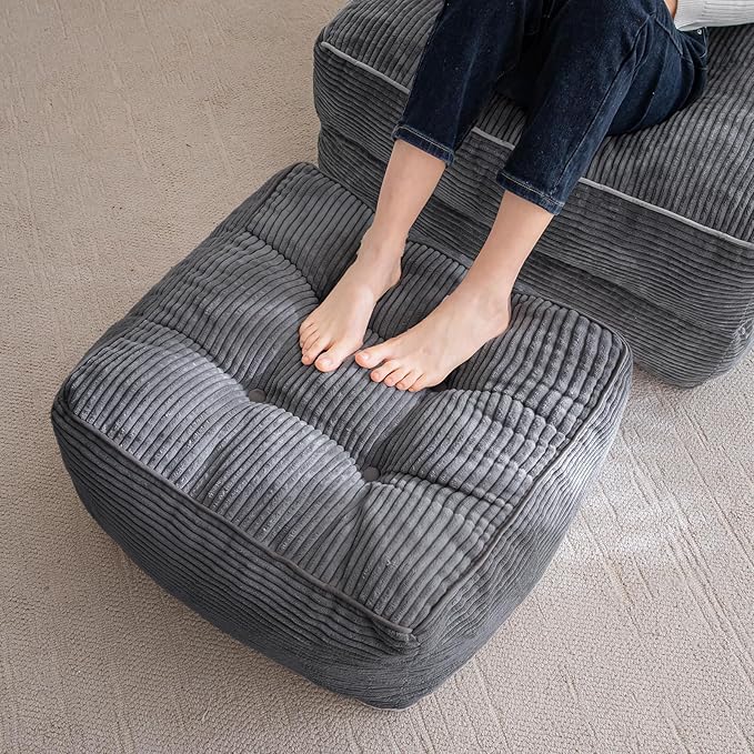 HIGOGOGO Square Stuffed Pouf Ottoman, Corduroy Poufs with Foam Chunk Filling, Furry and Fluffy Pouf Foot Stool Storage Ottoman, 25.6 X 25.6 Floor Poufs Foot Rest for Living Room, Dark Grey-Ruum Studio Home