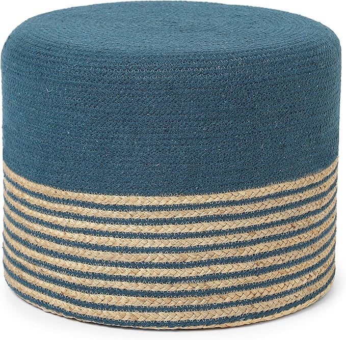 REDEARTH · Cylindrical Pouf Foot Stool Ottoman - Jute Braided Pouffe Poof Accent Sitting Footrest for Living Room, Bedroom, Nursery, Patio, Lounge & Other Rooms (Teal Natural, 18"x18"x14")-Ruum Studio Home