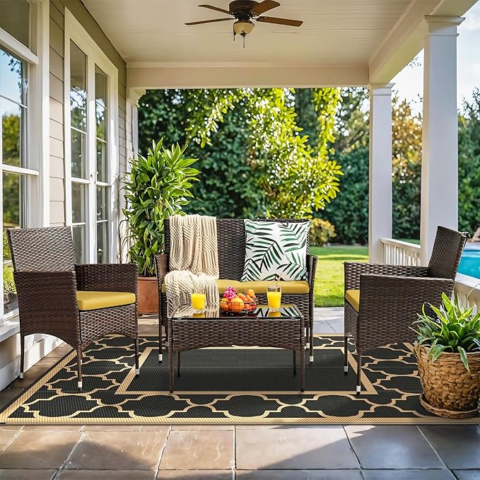GENIMO 6' x 9' Outdoor Rug Waterproof for Patio Decor, Foldable Reversible Plastic Straw Area Rugs Mat for Camper, Outside Carpet for Rv, Deck, Porch, Picnic, Beach, Balcony, Black & Brown-Ruum Studio Home