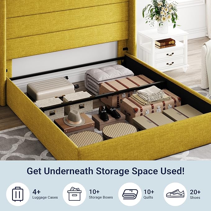 Allewie Full Size Lift Up Storage Bed, Modern Wingback Headboard, Hydraulic Support, No Box Spring Needed, Olive Yellow-Ruum Studio Home