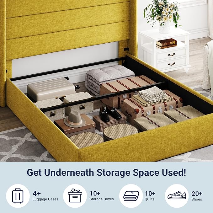 Allewie Queen Size Lift Up Storage Bed, Modern Wingback Headboard, Hydraulic Support, No Box Spring Needed, Olive Yellow-Ruum Studio Home