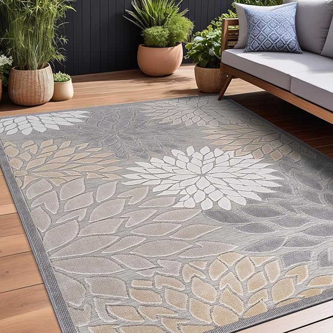 Beverly Rug Outdoor Rug 10x14 Large Modern Floral Tropical Area Rugs for Indoor and Outdoor Patio Easy to Clean Non Shedding Living Room Porch Garden Washable Outside Carpet (10 x 14 Gray)-Ruum Studio Home