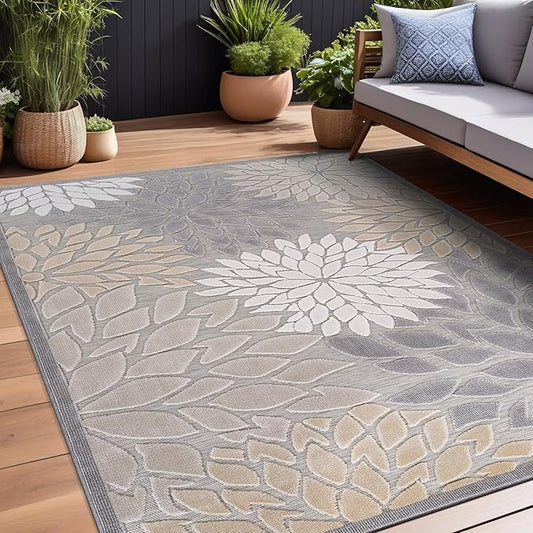 Beverly Rug Outdoor Rug 9x12 Large Modern Floral Tropical Area Rugs for Indoor and Outdoor Patio Easy to Clean Non Shedding Living Room Porch Garden Washable Outside Carpet (9 x 12 Gray)-Ruum Studio Home