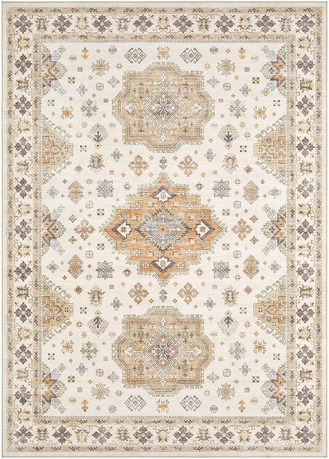 Washable Area Rugs for Living Room - 7x9 Neutral Vintage Distressed Floral Farmhouse Boho Large Soft Floor Rug Indoor Non Slip Carpet for Living Room Bedroom Dining Room Office - Orange/Yellow/Beige-Ruum Studio Home