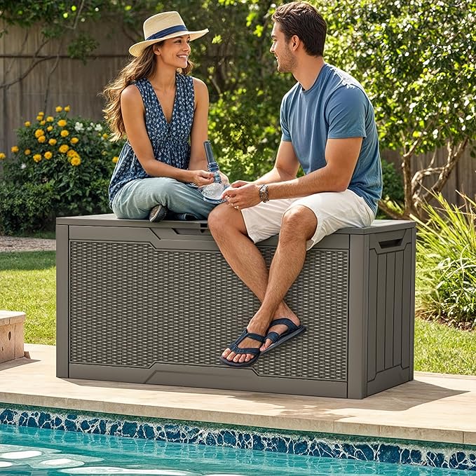 YITAHOME 80 Gallon Resin Deck Box, Weather Resistant Outdoor Rattan Storage Box, Lockable Indoor Outdoor Storage for Supplies and Essentials, Taupe-Ruum Studio Home