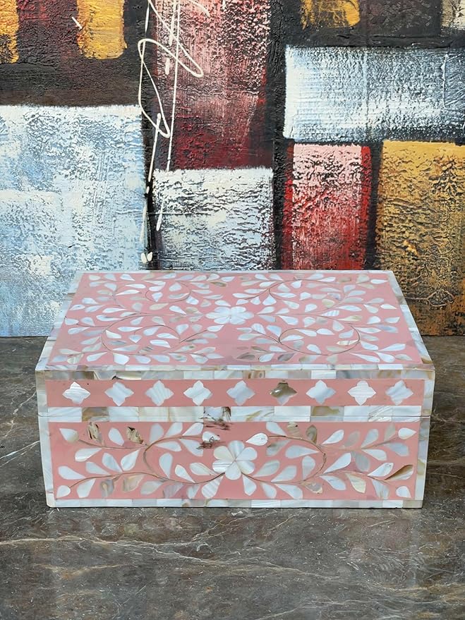 Decorative Storage Box Of Mother Of Pearl Inlay Floral Design Wooden Storage Box For Home Decoration For Living Dining & Bedroom (Pink_12x8x5 inch)-Ruum Studio Home
