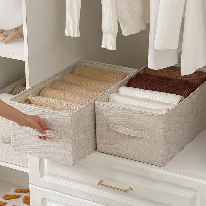 Linen Folding Storage Bins, 3 Pack Large Storage Baskets, Washable, Clothing Storage Bins with Handle, Closet Organizer for Storage Sweater,Sheets(Beige, 18½"x11" x8½")-Ruum Studio Home