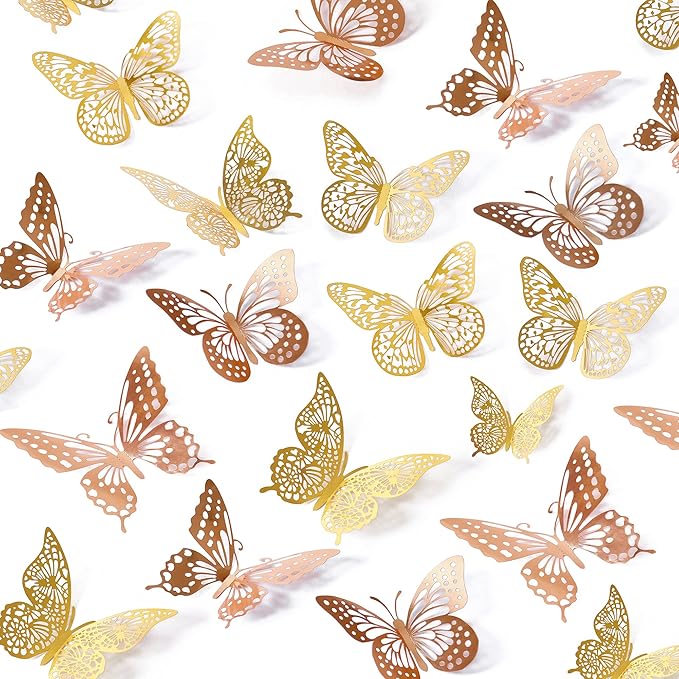 SAOROPEB 3D Butterfly Wall Decor, 48 Pcs 4 Styles 2 Color 3 Sizes, Removable Metallic Wall Sticker Room Mural Decals for Kids Bedroom Nursery Classroom Party Decoration (2 Color)-Ruum Studio Home