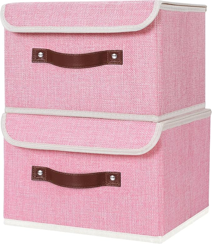 ANMINY 4PCS Storage Bins with Lid PU Leather Handles Storage Boxes PP Plastic Board Decorative Foldable Lidded Cotton Linen Fabric Home Cubes Baskets Closet Organizer Containers - Pink, Small Size-Ruum Studio Home