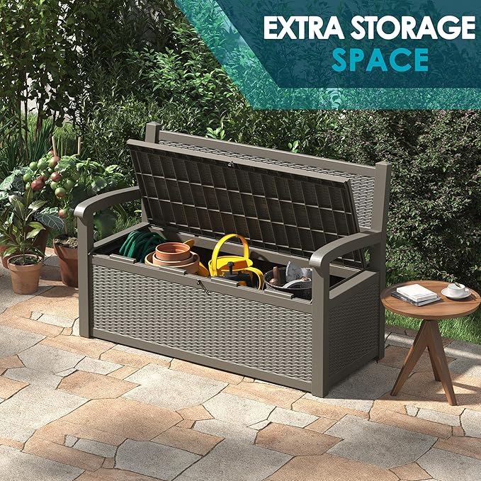 70 Gallon Storage Bench Deck Box for Patio Furniture with Armrest Bench Outdoor Storage-Ruum Studio Home