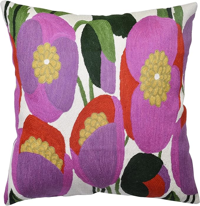 Lily Pink Flower Pillow Cover | Suzani Accent Pillow | Outdoor Floral Pillows | Hand Embroidered Wool Cushion - 18x18-Ruum Studio Home