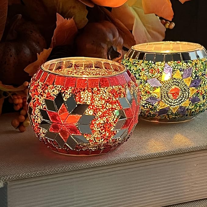 SHMILMH Glass Candle Holder Set of 4, Diwali Gift Votive Candle Holders Handmade Mosaic Glass Tealight Holders Diwali Christmas Table Decorations for Home-Ruum Studio Home