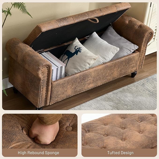 Furniliving 55” End of Bed Bench, Bedroom Bench with Button-Tufted, Large Upholstered Storage Ottoman Entryway Bench with Storage Shoe Cabinet Bench, for Bedroom, PU, Coffee-Ruum Studio Home