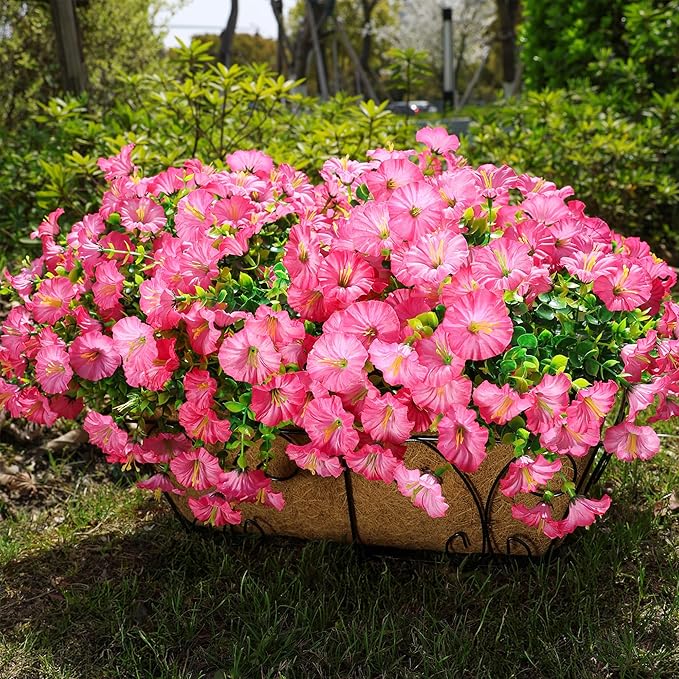 Artificial Flowers for Outdoors Fake Plants Outside Decoration, 12 Bundles Silk Pink Morning Glory with Eucalyptus UV Resistant Look Real Faux Flowers for Planter Front Door Yard Gardens Home-Ruum Studio Home