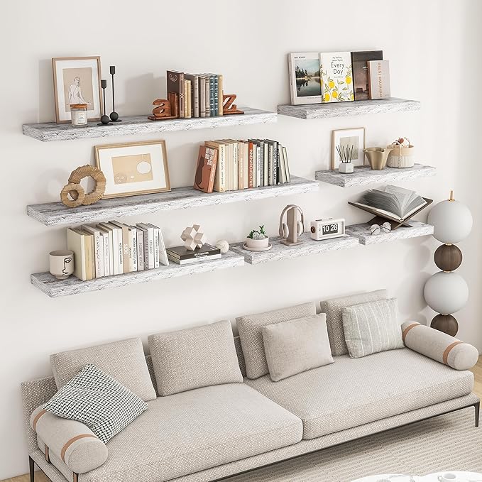 RICHFOCUS 16Inch Floating Shelves for Wall 2 Pack Shelves for Bedroom|Kitchen|Bathroom Wall Mounted Rustic Distressed Wood Floating Shelf with Invisible Brackets for Books|Storage|Decor, Rustic-Ruum Studio Home