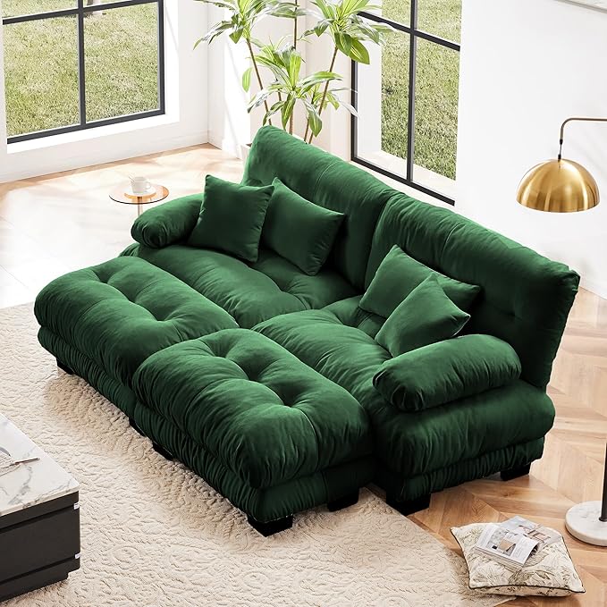 Modular Sectional Sofa, Cloud Couch U Shaped Sectional Couches for Living Room, Green Couch Oversized Loveseat with Movable Ottoman, Modern Deep Seat Sofa with Throw Pillows, Chenille-Ruum Studio Home
