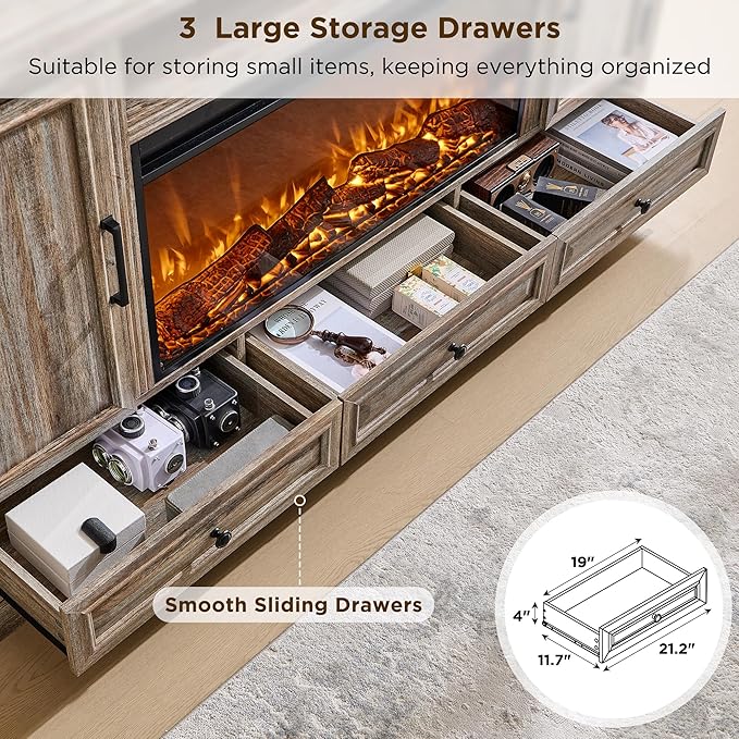 Fireplace TV Stand for 80 Inch TV, 35.7" Tall Farmhouse Entertainment Center W/36'' Electric Fireplace, Media Console with Large Storage Cabinets and Drawers for Living Room, Purple Oak-Ruum Studio Home
