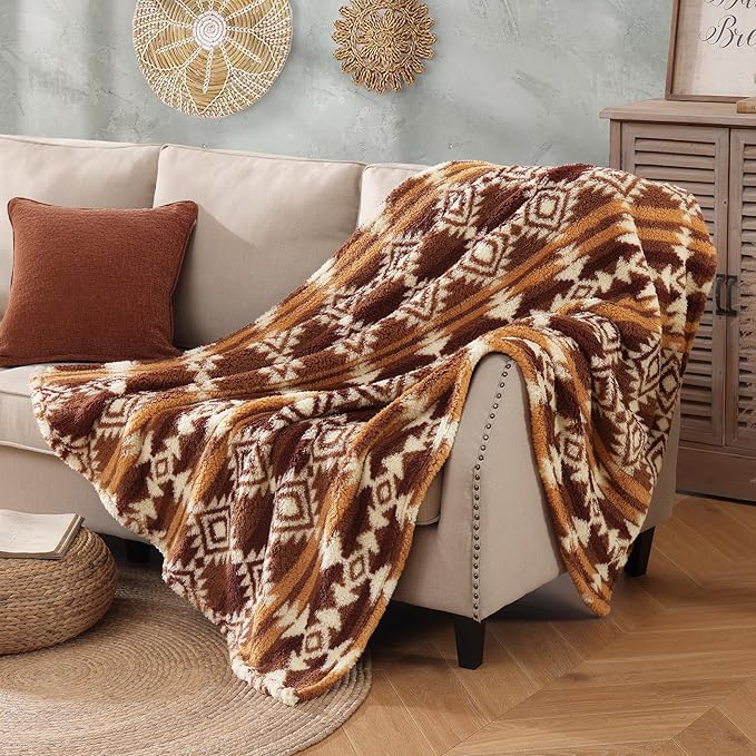 CASAAGUSTO Boho Sherpa Blanket, Aztec Twin Blanket,Ultra Soft, Warm, Cozy, Plush, Thick Fleece Throw Blanket for Couch, Bed, Sofa (Terracotta 60 * 80 Inch)-Ruum Studio Home