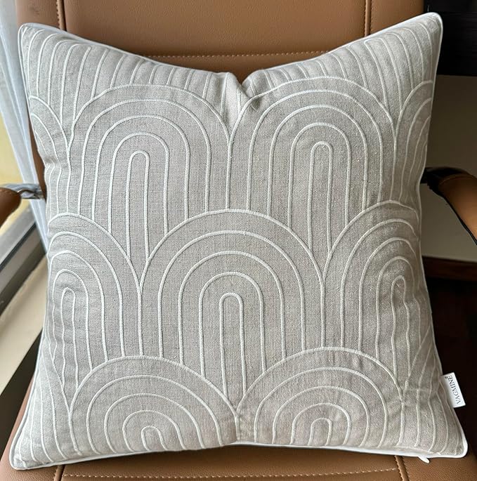 VAGMINE Embroidered Geometric Throw Pillow Cover - 18x18 Inches Square - 100% Linen Natural Decorative Cushion Cover - Elegant Embroidery - Minimalist Accent for Sofa, Bed, Couch, Farmhouse Décor-Ruum Studio Home