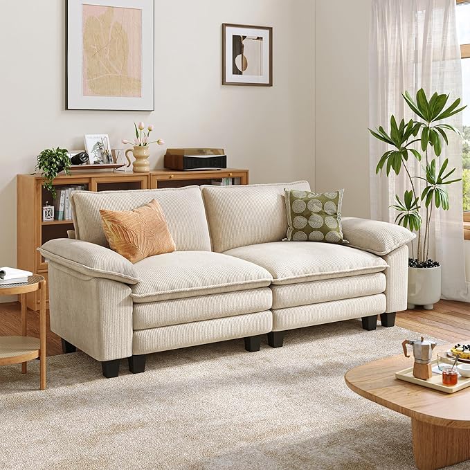 LINSY HOME Sectional Loveseat Sofa - 90'' Oversized Corduroy Cloud Couch Soft Modern Comfy Green Loveseat Couch Deep Seat Couches for Living Room Bedroom Apartment Office, Beige-Ruum Studio Home