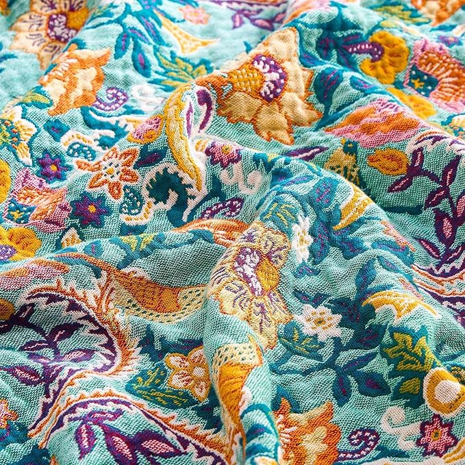 Boho Blanket Throw Quilt, 100% Cotton Soft Light Weight Throw Blankets for Summer, 60"x80" Farmhouse Flower Decorative Blankets, All Season Rustic Reversible Bohemian Throw Quilt-Ruum Studio Home