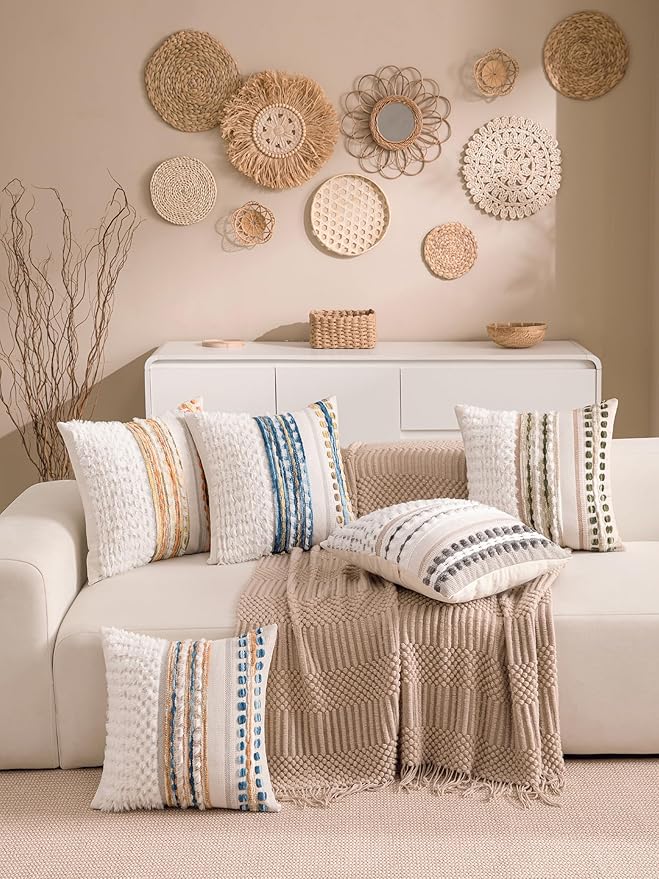 Boho Chenille Tufted Couch Throw Pillow Covers 18x18 Inch Set of 2 Farmhouse Striped Decorative Pillow Covers Accent Neutral Pillowcase Caramel Brown Blue Cushion Cover for Livingroom Sofa Bed-Ruum Studio Home