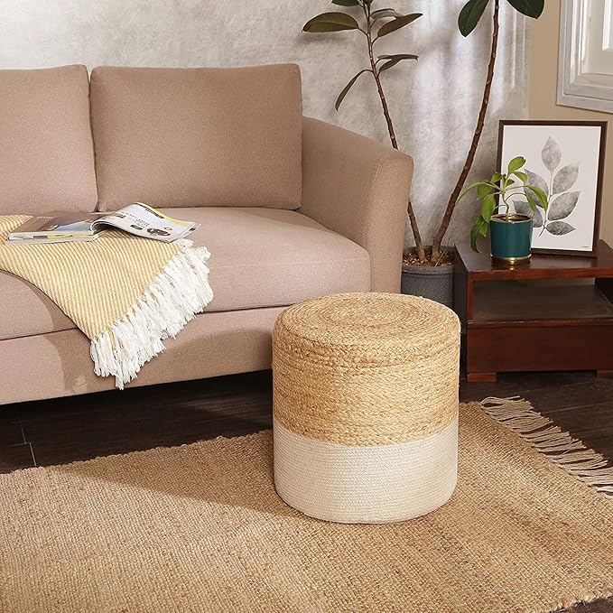 REDEARTH · Cylindrical Pouf Foot Stool Ottoman - Jute Braided Accent Sitting Footrest for The Living Room, Bedroom, Nursery, Patio, Lounge & Other Rooms in The Home (14.5”x14.5”x16”; Natural Ivory)-Ruum Studio Home