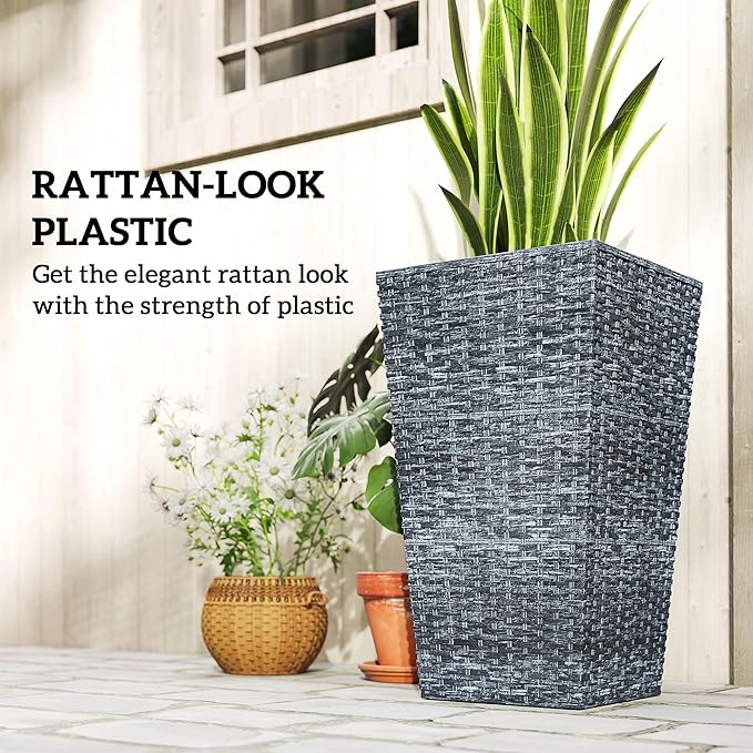 Outsunny Tall Planters for Outdoor Plants Set of 3, 24 in Taper Planters with Drainage Holes, Rattan Decor Plant Pots for Indoor Outdoor Front Porch Patio Backyard, Gray-Ruum Studio Home