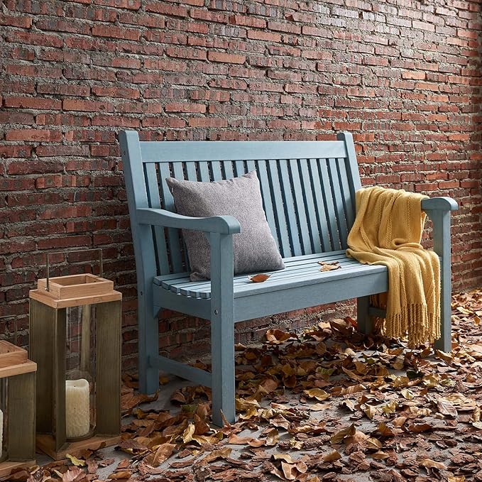 Psilvam Garden Bench, 2-Person Poly Lumber Patio Bench, All-Weather Outdoor Bench That Never Rot and Fade, Memorial Bench, Suit for Garden, Porch and Park(Blue)-Ruum Studio Home
