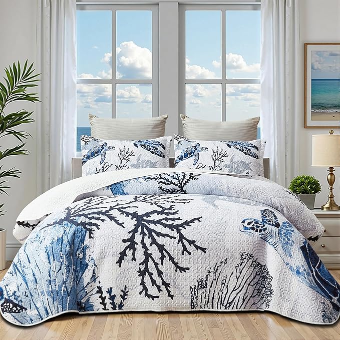 Coastal Bedding King Size Coastal Quilt with 2 Shams, Nautical Beach Comforter Sets Ocean Bedspreads Blue Seaturtle Coverlet Summer Bedding, 96''x106''-Ruum Studio Home