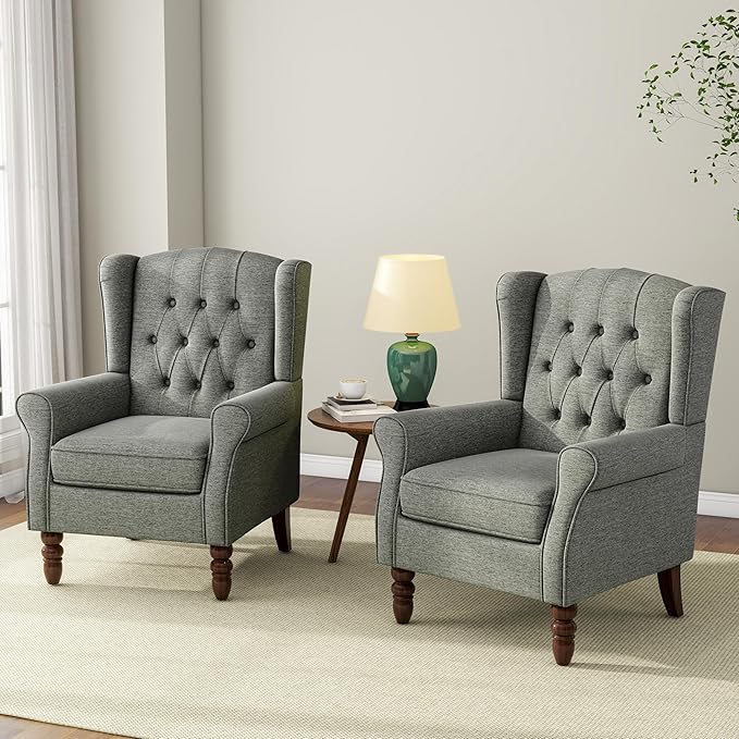 Accent Chair, Upholstered Armchair with Button Tufted High Back & Solid Wood Legs, Comfy Wingback Reading Single Sofa Chair for Small Spaces, Living Room, Bedroom (Grey, Set of 1)-Ruum Studio Home