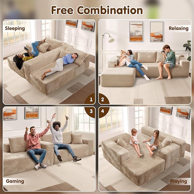 ovios 104" Cloud Sectional Couch with L-Shape Chaise,Modern Modular Sofa with Deep Seat, Upholstered Couches for Living Room Bedroom,No Assembly Required, Beige (Plush Corduroy Fabric)-Ruum Studio Home