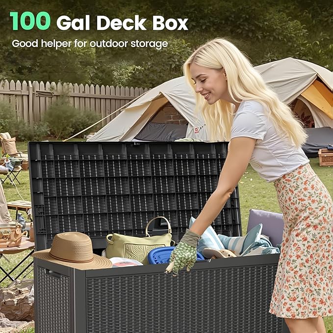 100 Gallon Storage Box, Waterproof Resin Deck Box with Hydraulic Piston Design, Lockable Storage Bench for Package Delivery, Storage Bin for Patio Cushions, Garden Tools, Black-Ruum Studio Home